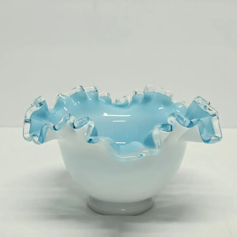 Fenton Teal White Bowl Silver Jamestown Blue Glass Vintage Ruffle Edge MCM